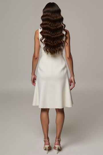 Ivory A Line Satin Notched Lapel Midi Work Dress